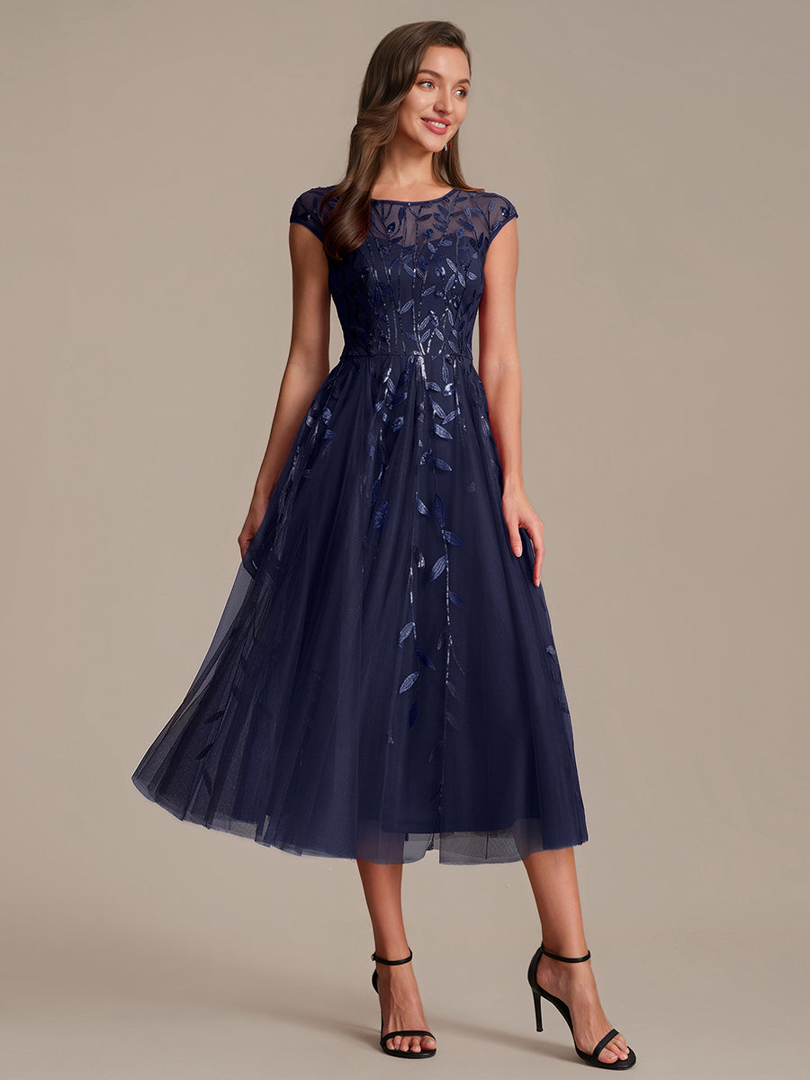 Color=Navy Blue | Volume Discounts Short Sleeve Cap Sleeve Sequin See-Through A-Line Tea Length Wedding Guest Dresses-Navy Blue 34