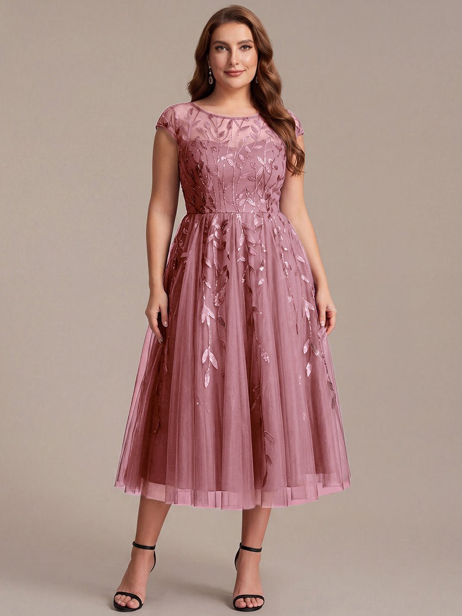 Color=Purple Orchid | Volume Discounts Short Sleeve Cap Sleeve Sequin See-Through A-Line Tea Length Wedding Guest Dresses-Purple Orchid 46