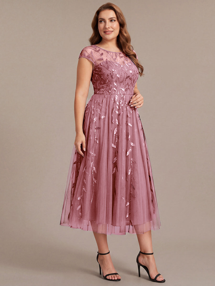 Color=Purple Orchid | Volume Discounts Short Sleeve Cap Sleeve Sequin See-Through A-Line Tea Length Wedding Guest Dresses-Purple Orchid 49