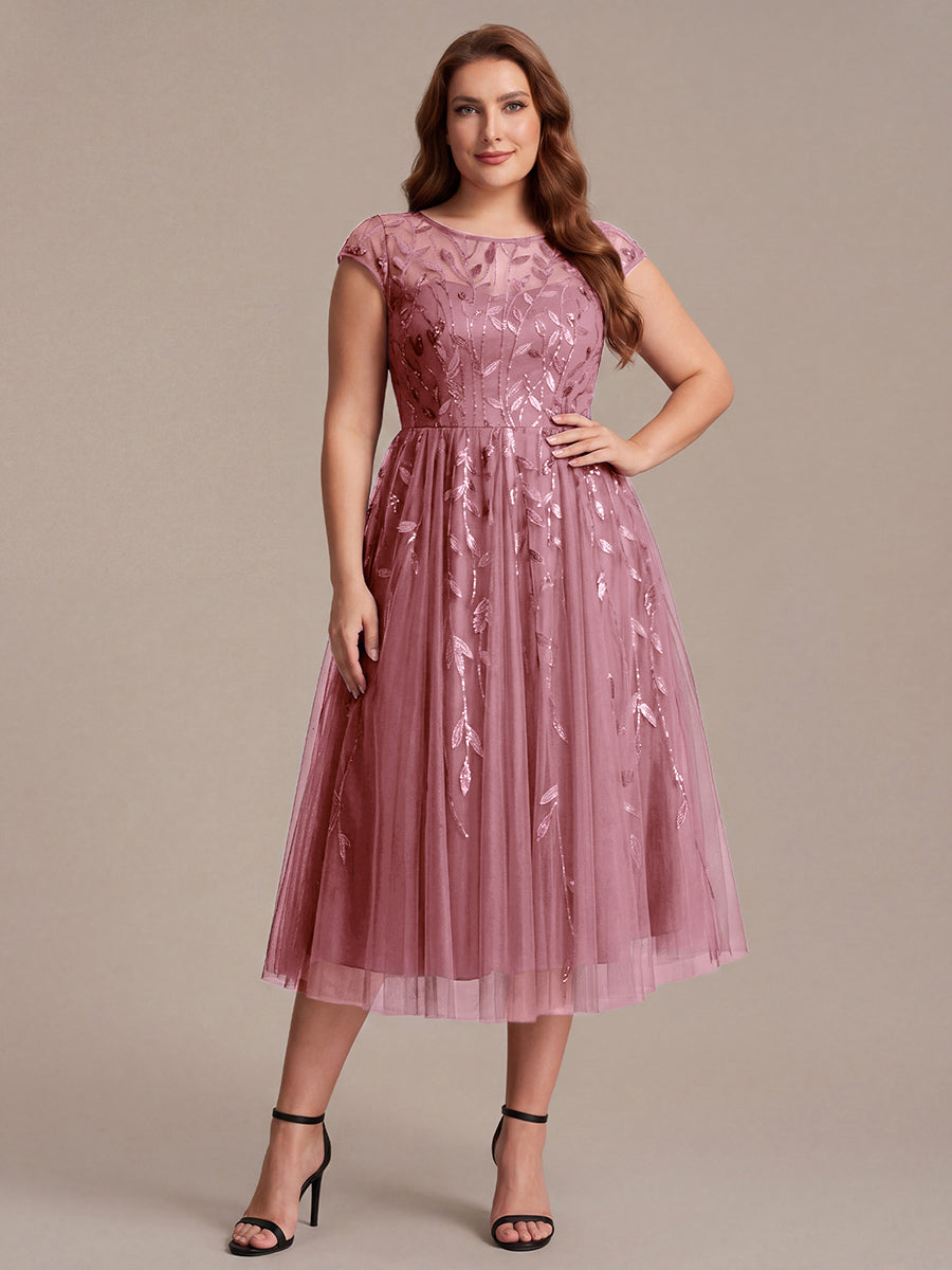 Color=Purple Orchid | Volume Discounts Short Sleeve Cap Sleeve Sequin See-Through A-Line Tea Length Wedding Guest Dresses-Purple Orchid 50