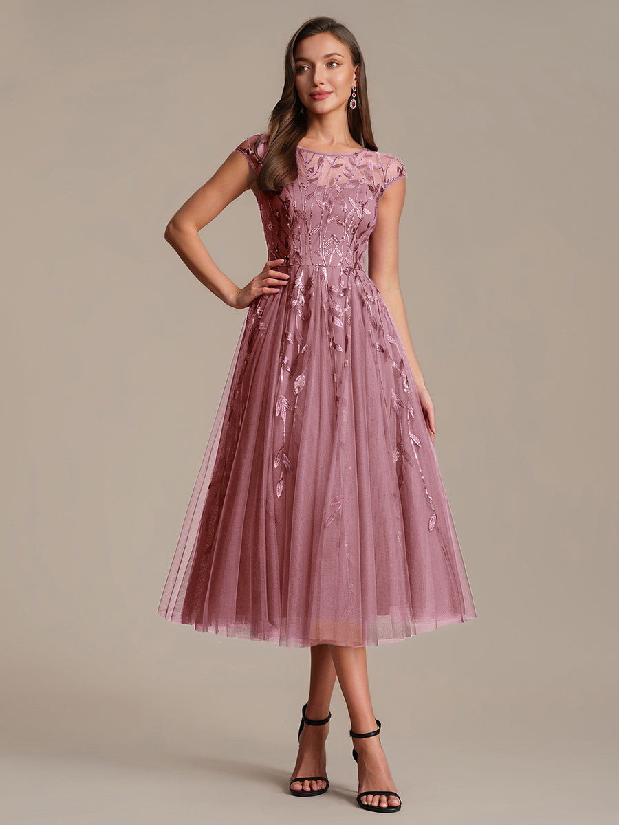 Color=Purple Orchid | Volume Discounts Short Sleeve Cap Sleeve Sequin See-Through A-Line Tea Length Wedding Guest Dresses-Purple Orchid 41