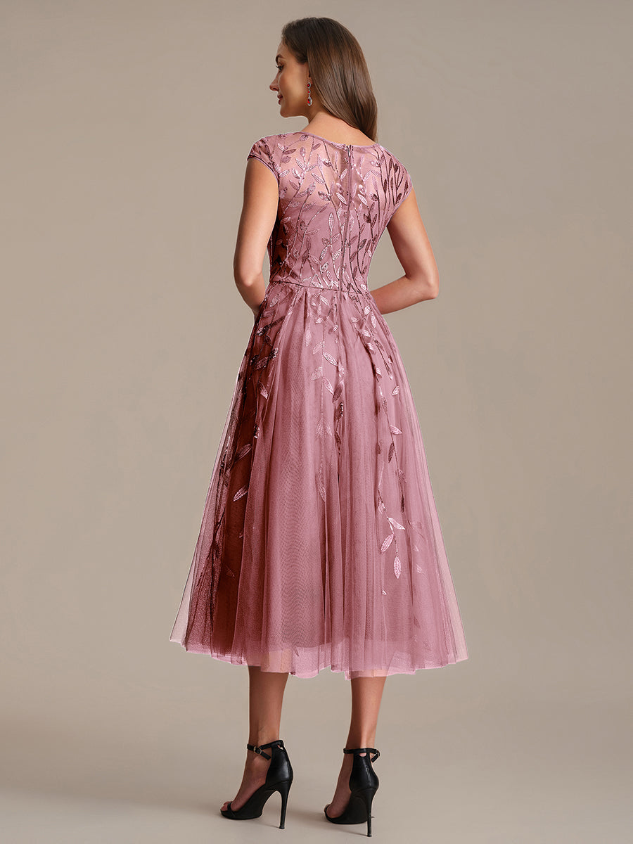Color=Purple Orchid | Volume Discounts Short Sleeve Cap Sleeve Sequin See-Through A-Line Tea Length Wedding Guest Dresses-Purple Orchid 42