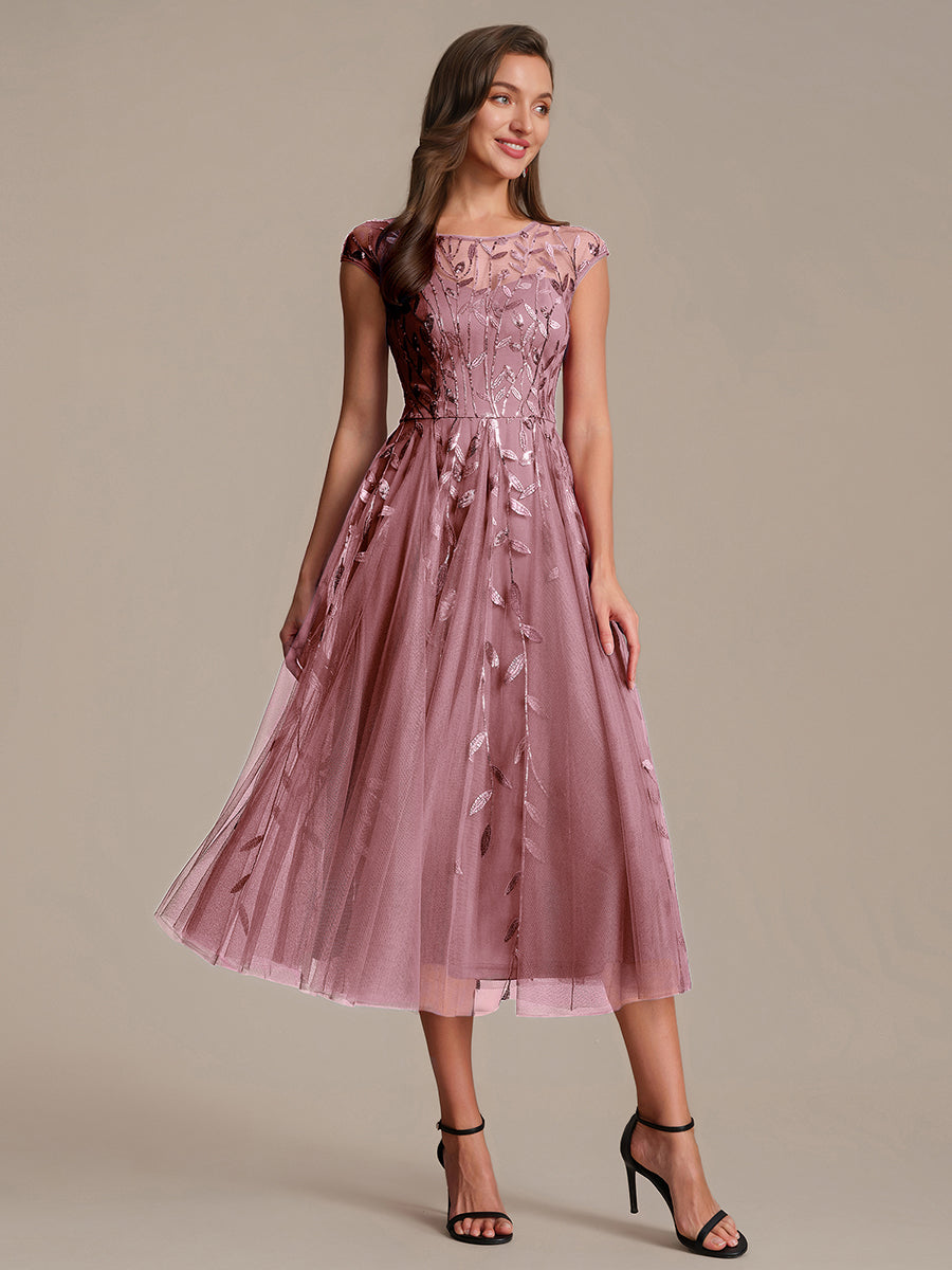 Color=Purple Orchid | Volume Discounts Short Sleeve Cap Sleeve Sequin See-Through A-Line Tea Length Wedding Guest Dresses-Purple Orchid 44