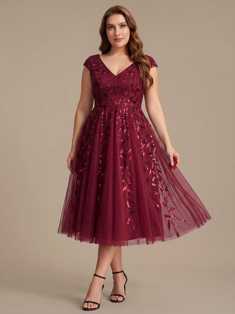 Color=Burgundy | Factory Design Sleeveless V-Neck Sequin A-Line Midi Wedding Guest Dresses-Burgundy 6
