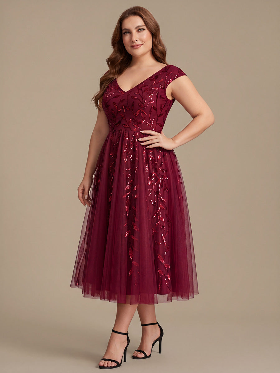 Color=Burgundy | Factory Design Sleeveless V-Neck Sequin A-Line Midi Wedding Guest Dresses-Burgundy 9