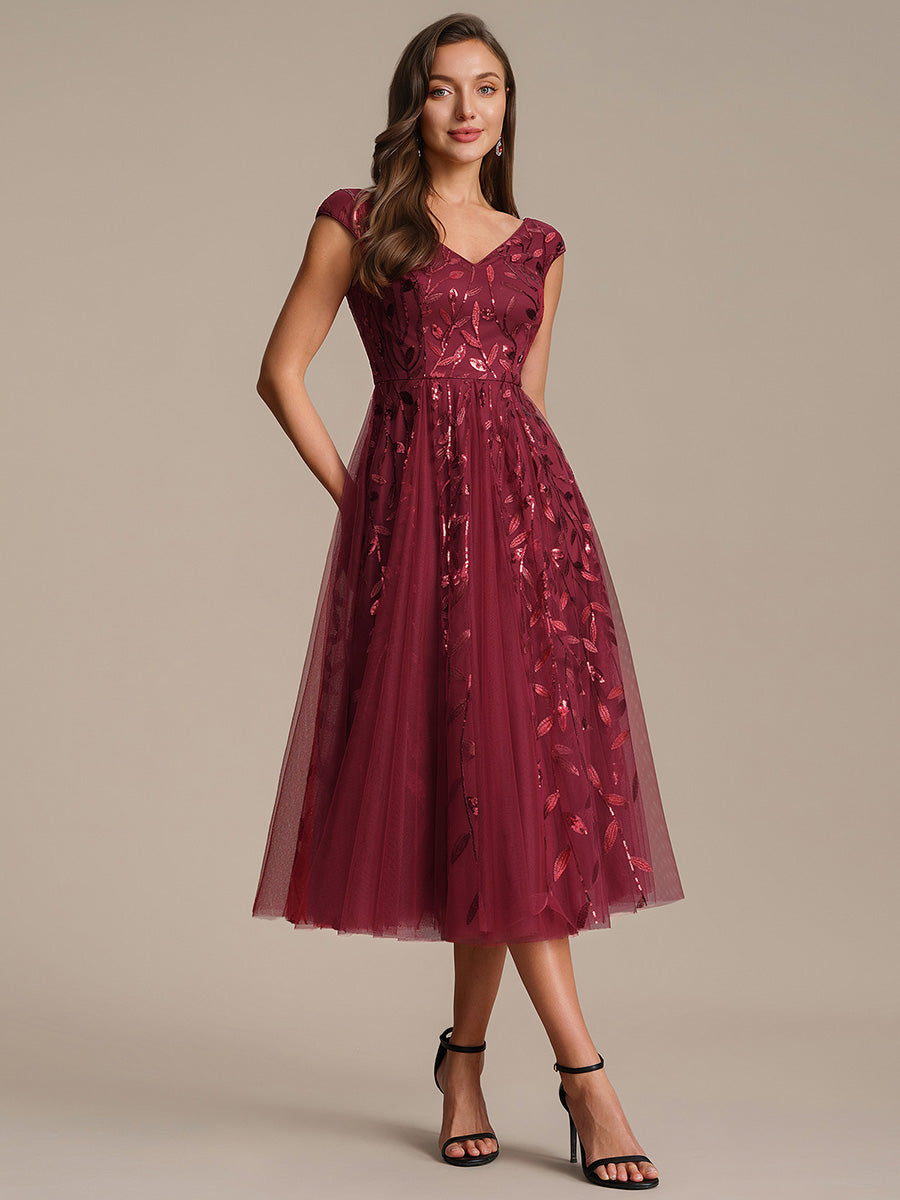 Color=Burgundy | Factory Design Sleeveless V-Neck Sequin A-Line Midi Wedding Guest Dresses-Burgundy 4
