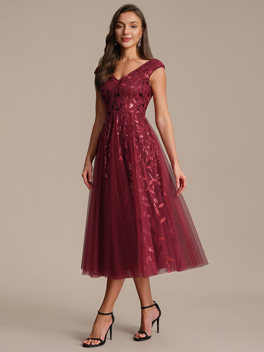 Color=Burgundy | Factory Design Sleeveless V-Neck Sequin A-Line Midi Wedding Guest Dresses-Burgundy 5