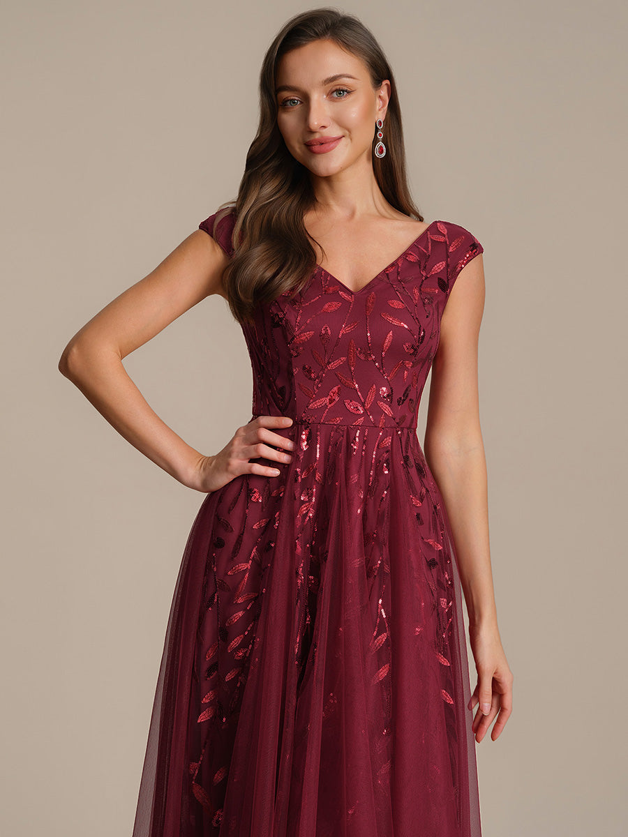 Color=Burgundy | Factory Design Sleeveless V-Neck Sequin A-Line Midi Wedding Guest Dresses-Burgundy 3