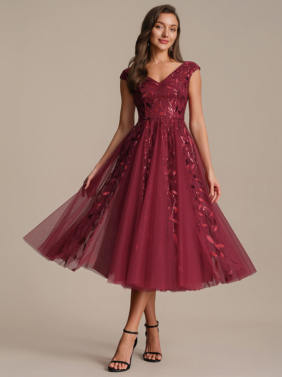 Color=Burgundy | Factory Design Sleeveless V-Neck Sequin A-Line Midi Wedding Guest Dresses-Burgundy 1