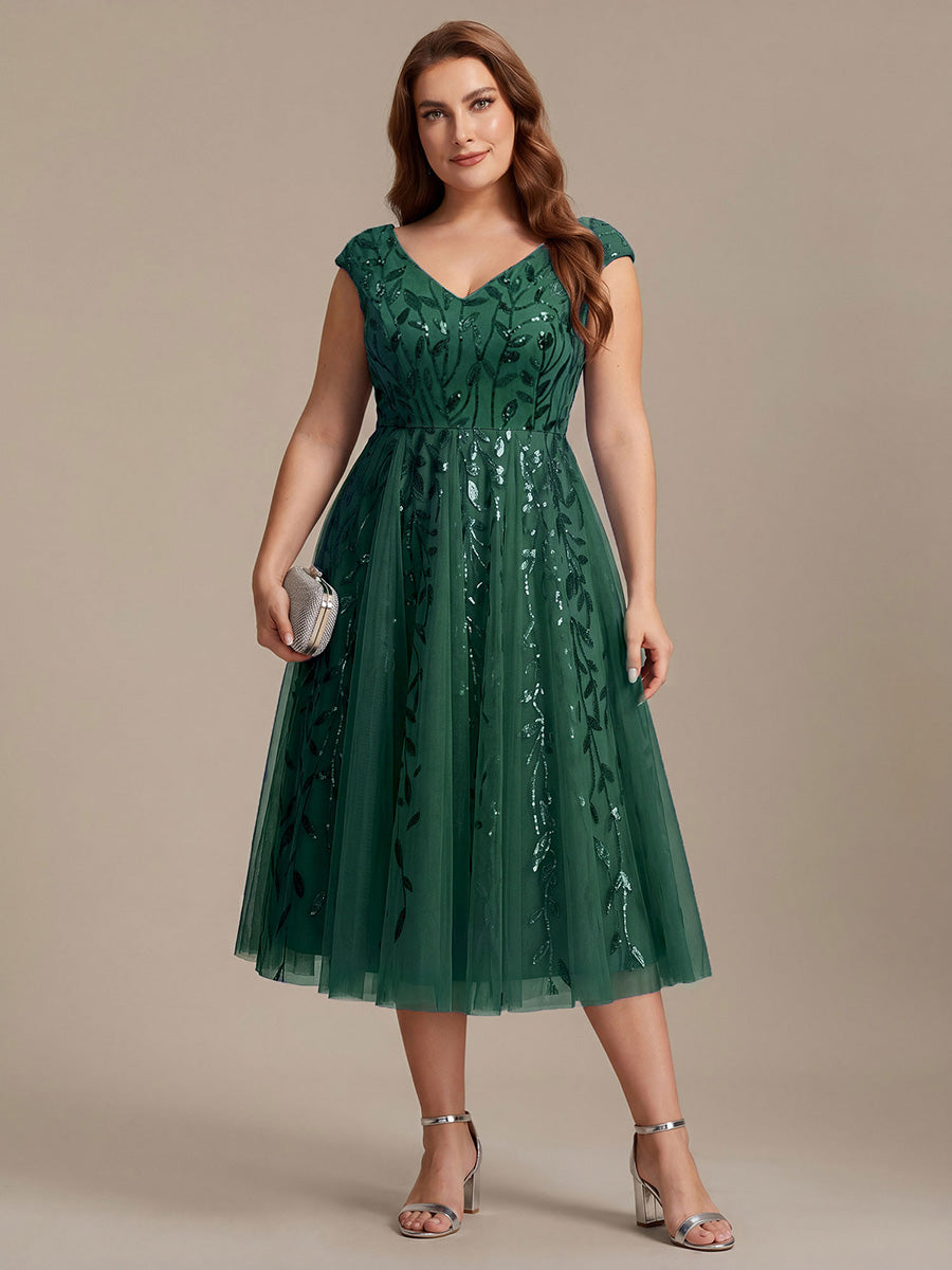 Color=Dark Green | Factory Design Sleeveless V-Neck Sequin A-Line Midi Wedding Guest Dresses-Dark Green 16