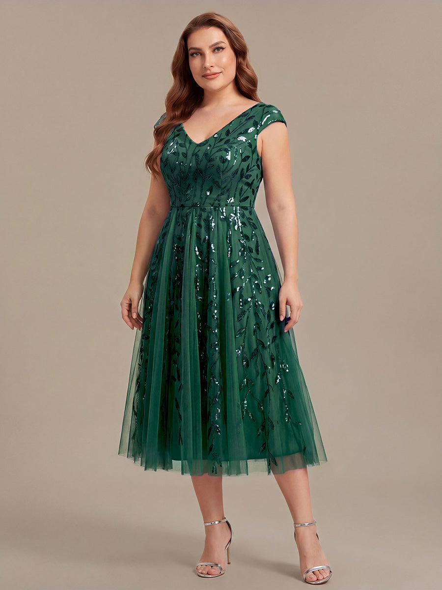 Color=Dark Green | Factory Design Sleeveless V-Neck Sequin A-Line Midi Wedding Guest Dresses-Dark Green 19