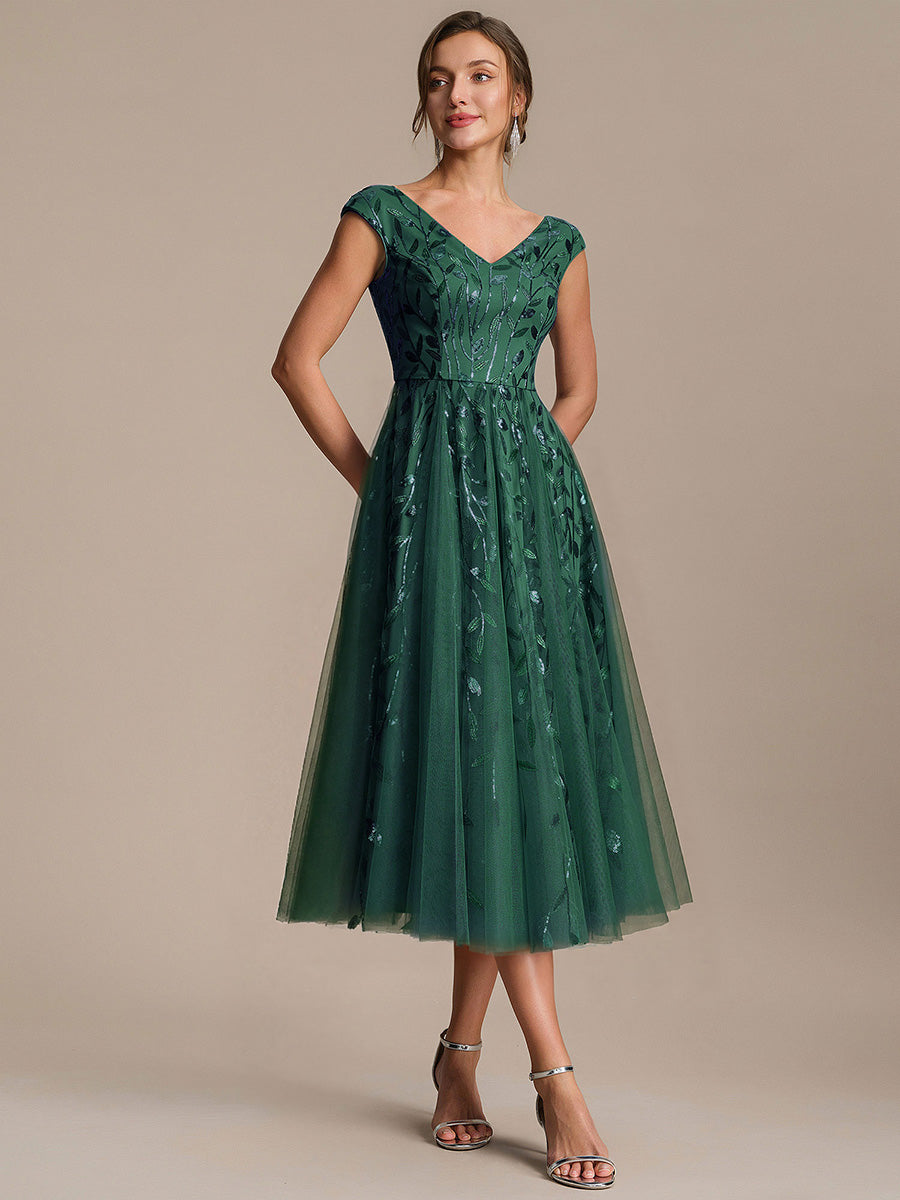 Color=Dark Green | Factory Design Sleeveless V-Neck Sequin A-Line Midi Wedding Guest Dresses-Dark Green 14