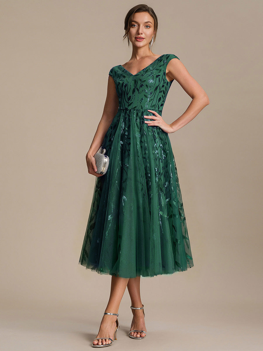 Color=Dark Green | Factory Design Sleeveless V-Neck Sequin A-Line Midi Wedding Guest Dresses-Dark Green 15