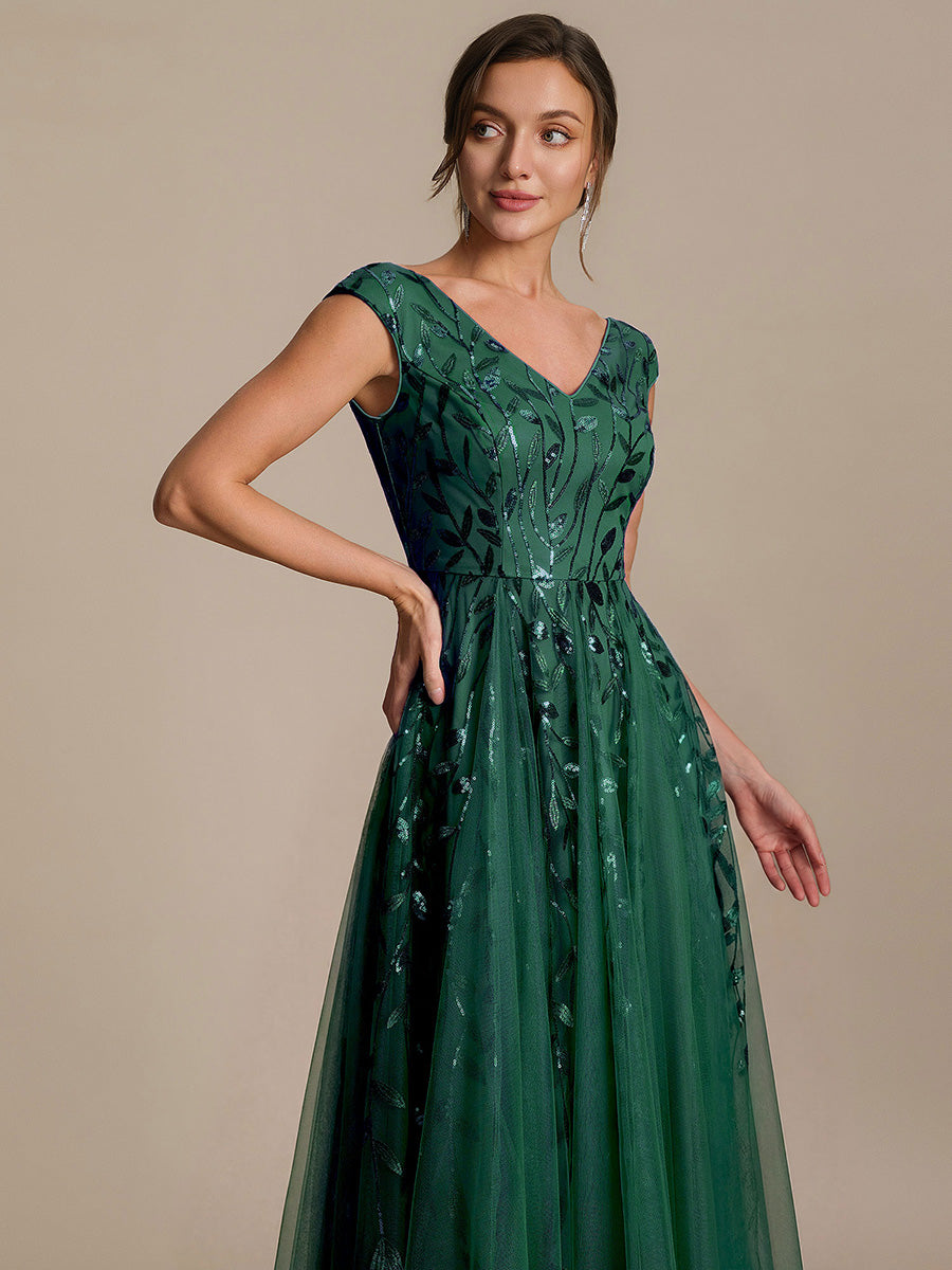 Color=Dark Green | Factory Design Sleeveless V-Neck Sequin A-Line Midi Wedding Guest Dresses-Dark Green 13
