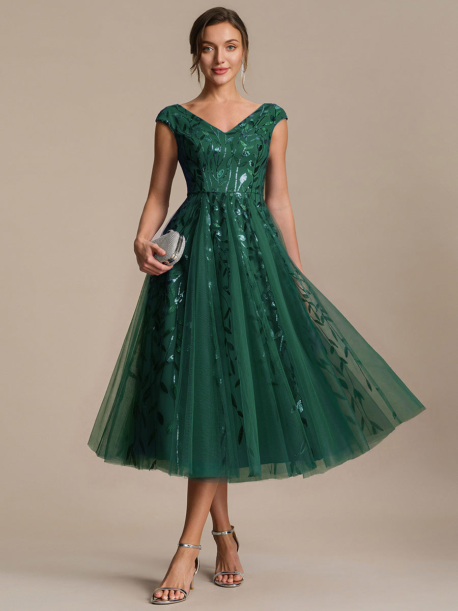 Color=Dark Green | Factory Design Sleeveless V-Neck Sequin A-Line Midi Wedding Guest Dresses-Dark Green 11