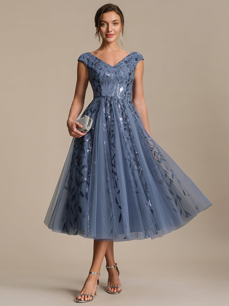 Color=Dusty Blue | Factory Design Sleeveless V-Neck Sequin A-Line Midi Wedding Guest Dresses-Dusty Blue 21