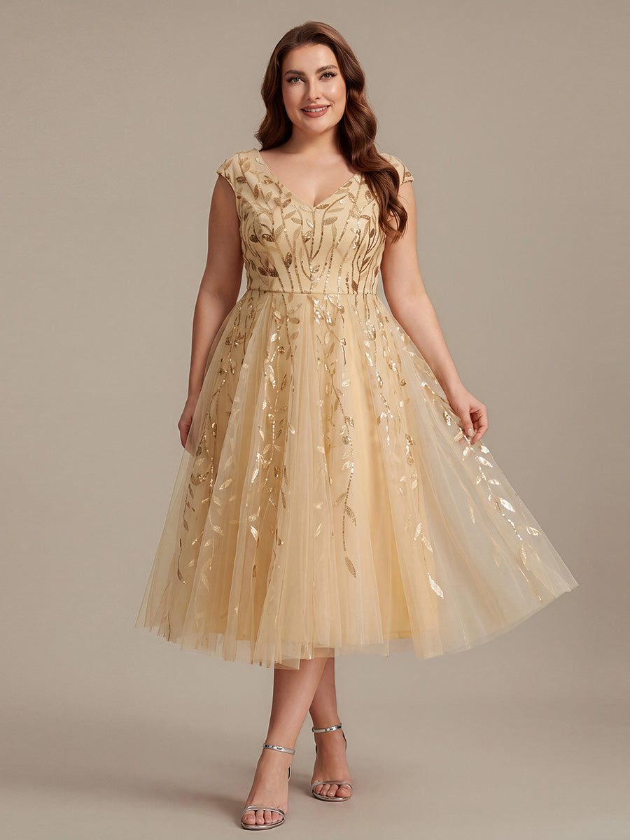 Color=Gold | Factory Design Sleeveless V-Neck Sequin A-Line Midi Wedding Guest Dresses-Gold 36