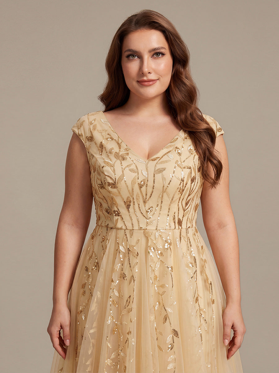 Color=Gold | Factory Design Sleeveless V-Neck Sequin A-Line Midi Wedding Guest Dresses-Gold 38