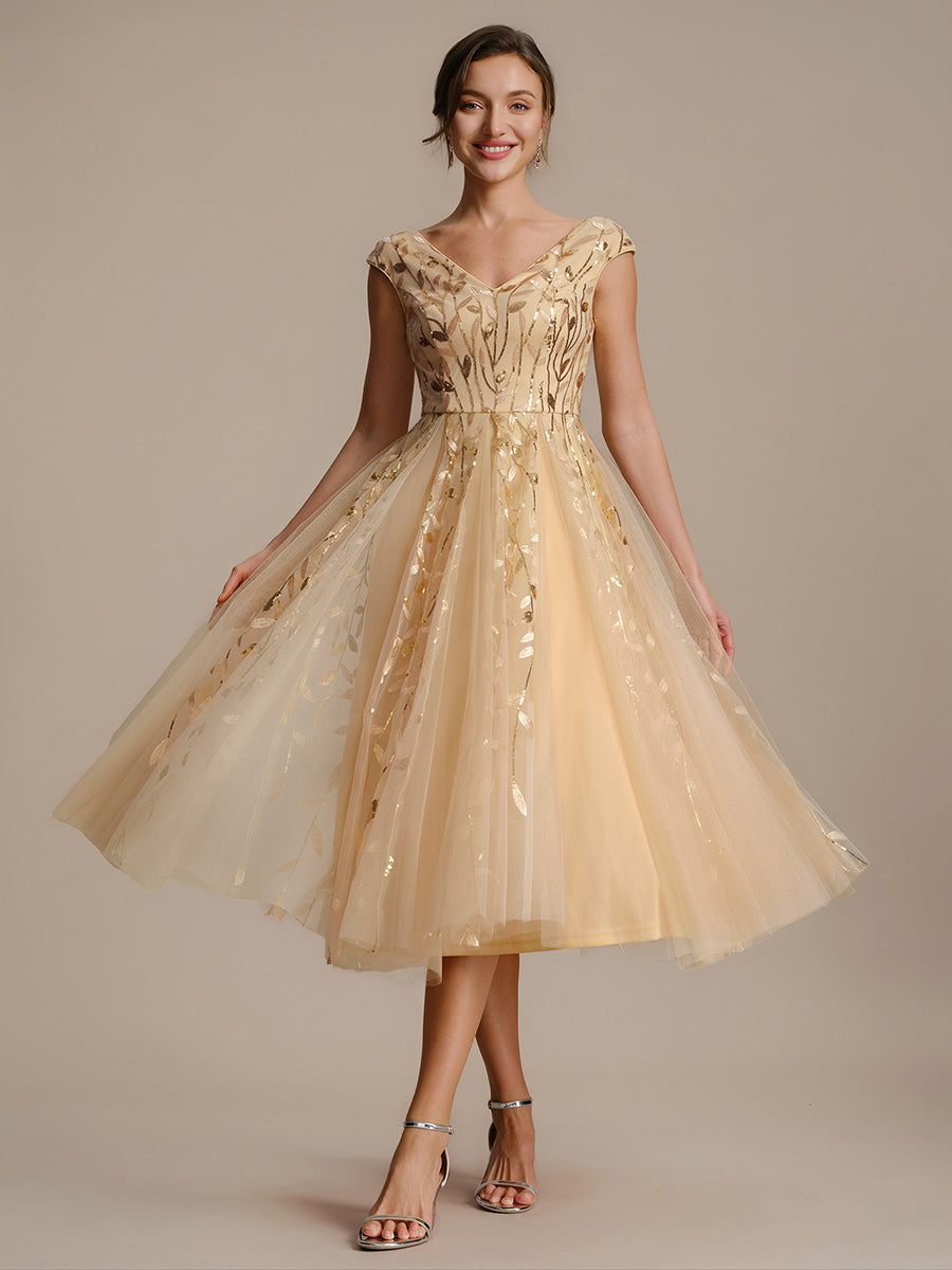 Color=Gold | Factory Design Sleeveless V-Neck Sequin A-Line Midi Wedding Guest Dresses-Gold 31