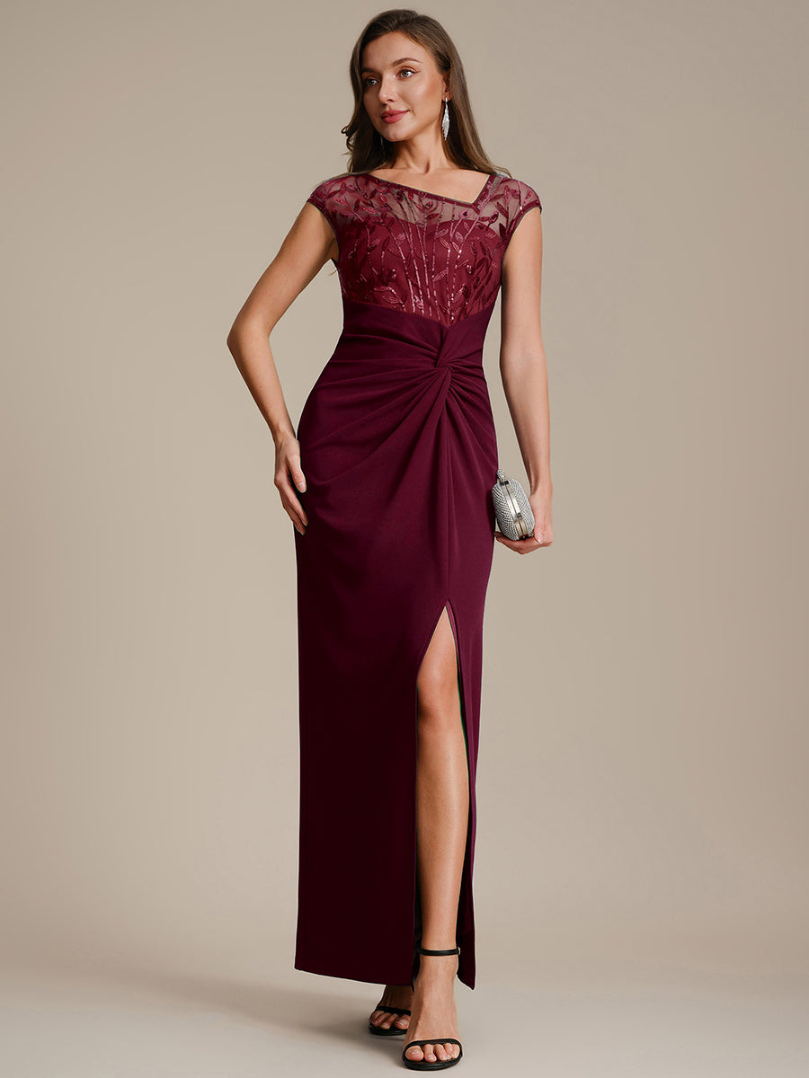 Color=Burgundy | Fast Delivery Short Sleeve Asymmetrical Sequin Bodycon Floor Length Wedding Guest Dresses-Burgundy 1