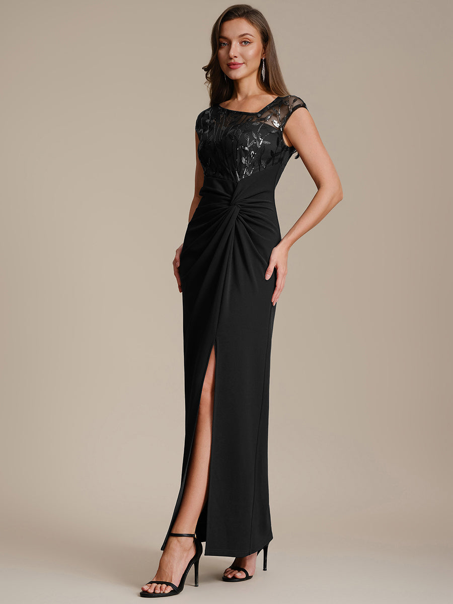 Color=Black | Wholesale Pricing Cap Sleeves Asymmetrical Sequin Bodycon Maxi Length Wedding Guest Dresses