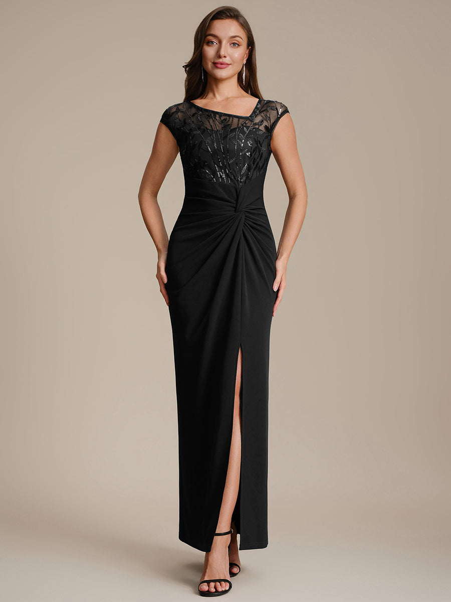 Color=Black | Wholesale Pricing Cap Sleeves Asymmetrical Sequin Bodycon Maxi Length Wedding Guest Dresses