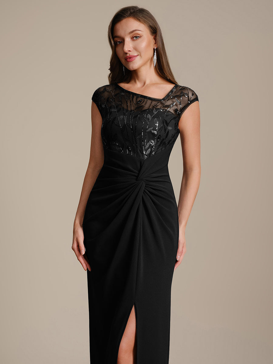 Color=Black | Wholesale Pricing Cap Sleeves Asymmetrical Sequin Bodycon Maxi Length Wedding Guest Dresses