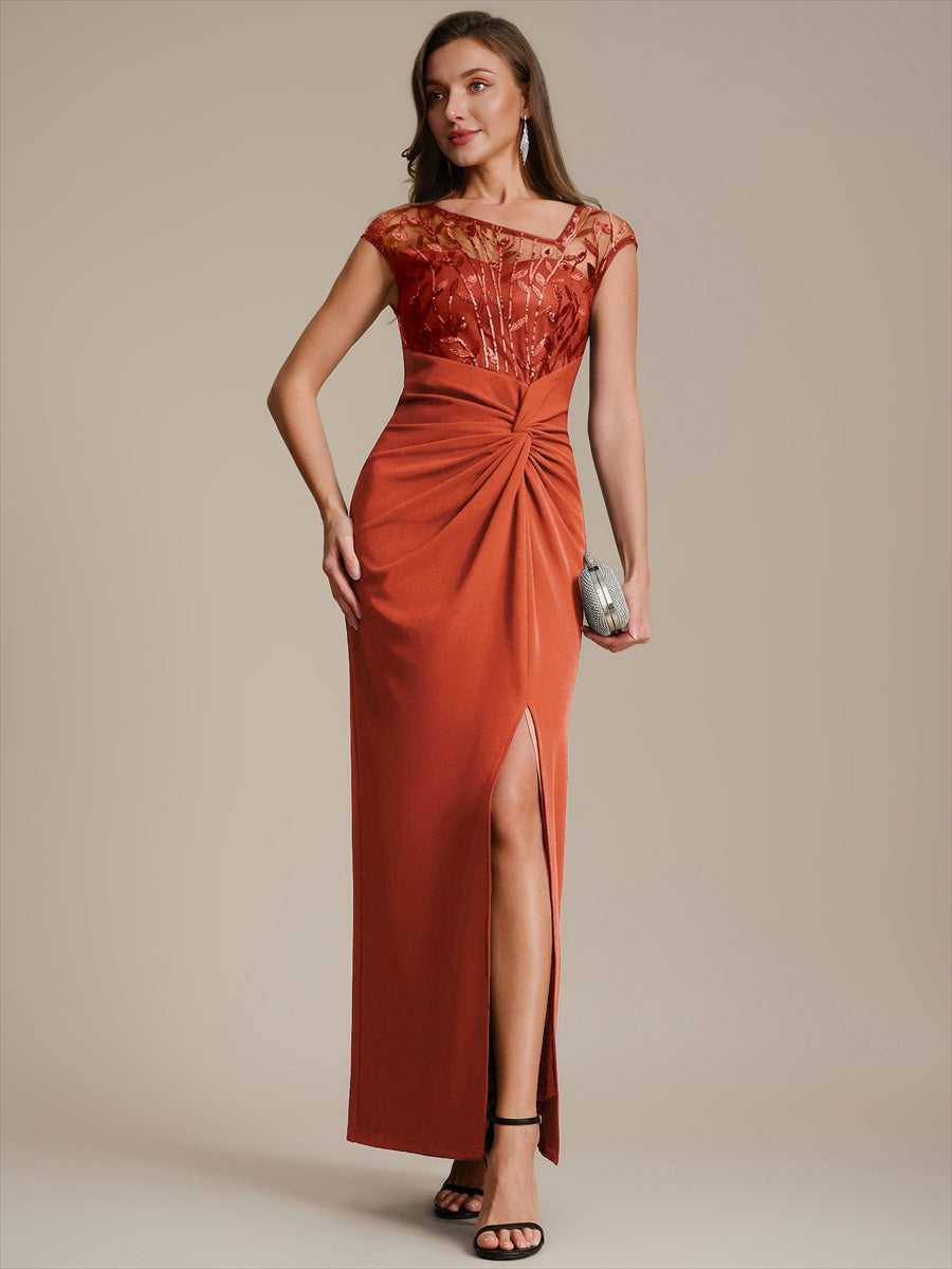 Color=Burnt Orange|Wholesale Pricing Cap Sleeves Asymmetrical Sequin Bodycon Maxi Length Wedding Guest Dresses-Burnt Orange