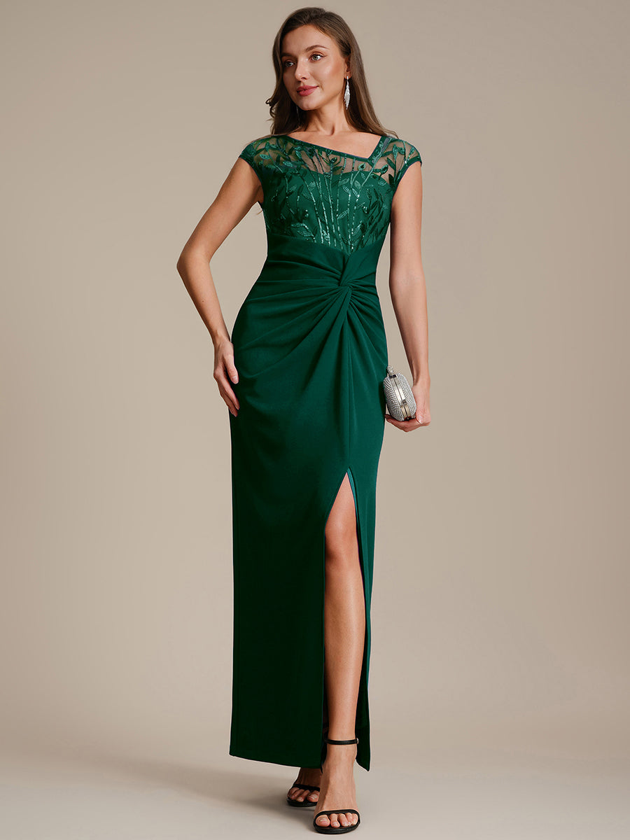 Color=Dark Green | Fast Delivery Short Sleeve Asymmetrical Sequin Bodycon Floor Length Wedding Guest Dresses-Dark Green 11