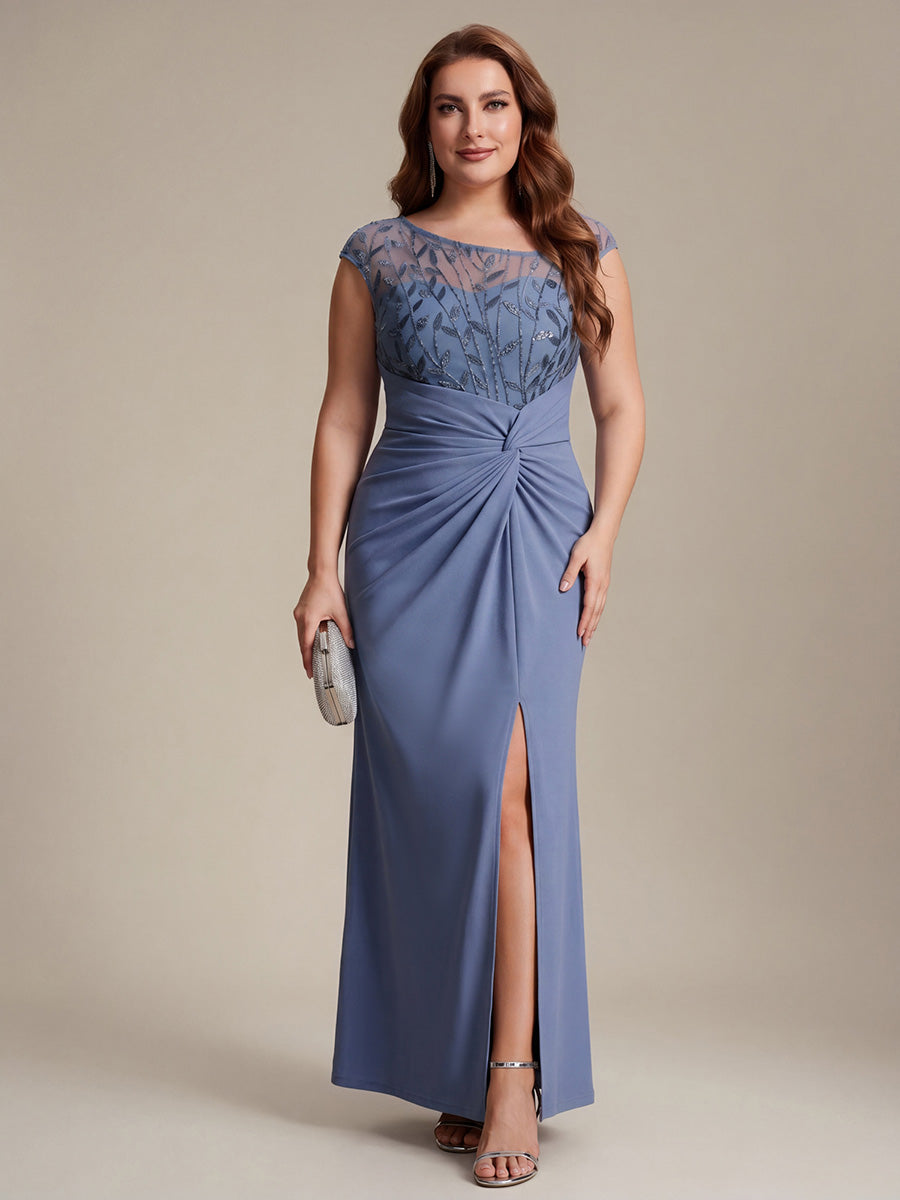 Color=Dusty Blue | Wholesale Pricing Short Sleeve Asymmetrical Sequin Bodycon Floor Length Wedding Guest Dresses-Dusty Blue 6