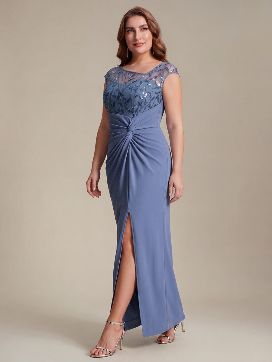 Color=Dusty Blue | Wholesale Pricing Short Sleeve Asymmetrical Sequin Bodycon Floor Length Wedding Guest Dresses-Dusty Blue 9