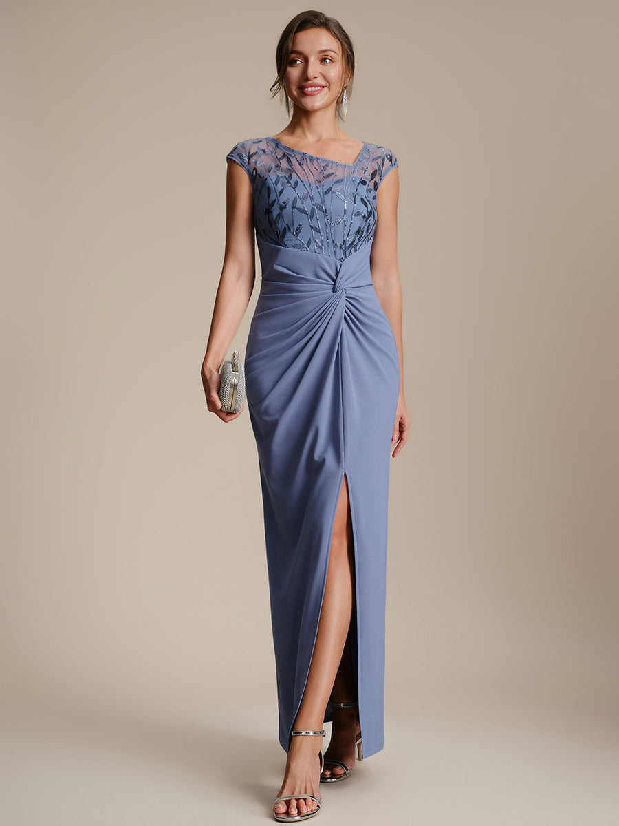 Color=Dusty Blue | Wholesale Pricing Short Sleeve Asymmetrical Sequin Bodycon Floor Length Wedding Guest Dresses-Dusty Blue 1