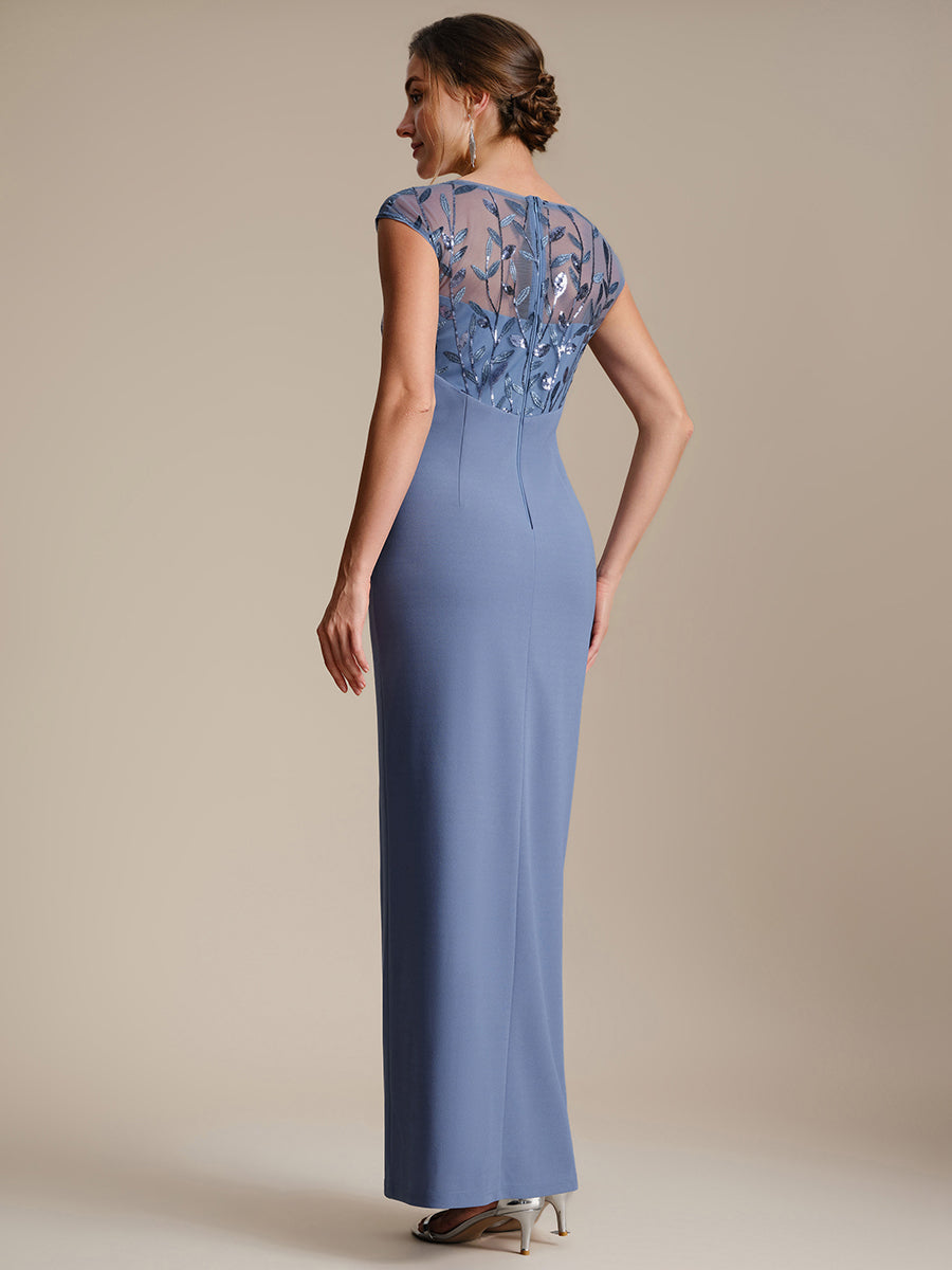Color=Dusty Blue | Wholesale Pricing Short Sleeve Asymmetrical Sequin Bodycon Floor Length Wedding Guest Dresses-Dusty Blue 2