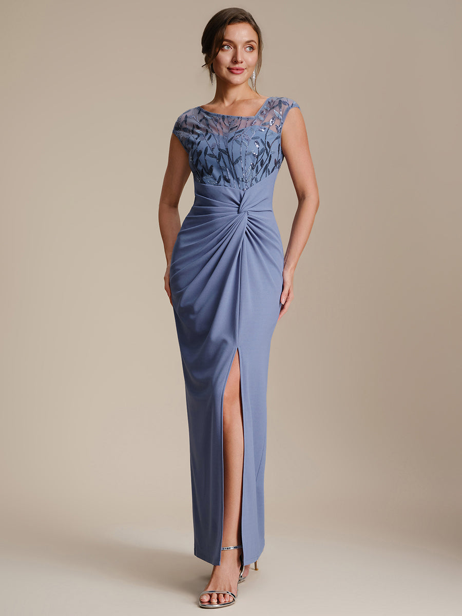 Color=Dusty Blue | Wholesale Pricing Short Sleeve Asymmetrical Sequin Bodycon Floor Length Wedding Guest Dresses-Dusty Blue 5