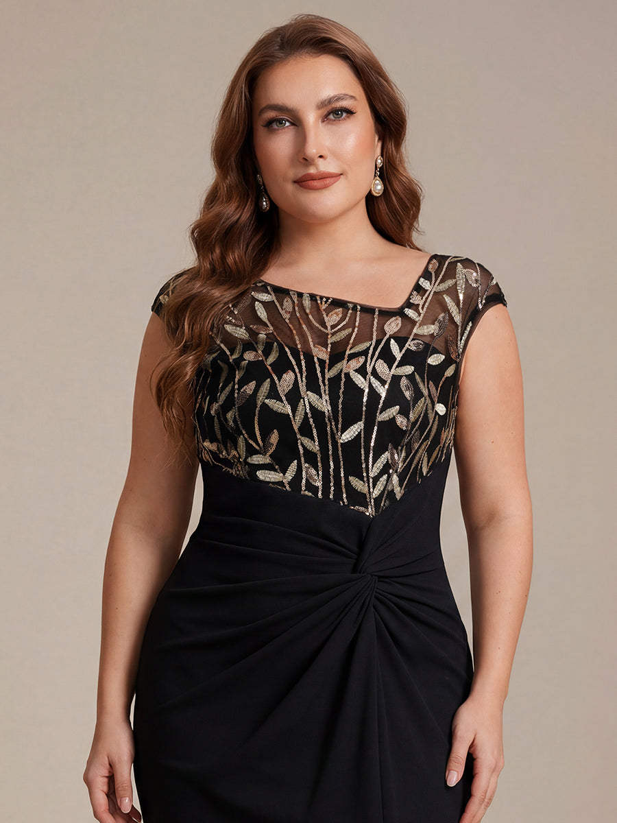 Color=Black Gold | Wholesale Pricing Short Sleeve Asymmetrical Sequin Bodycon Floor Length Wedding Guest Dresses-Black Gold 18