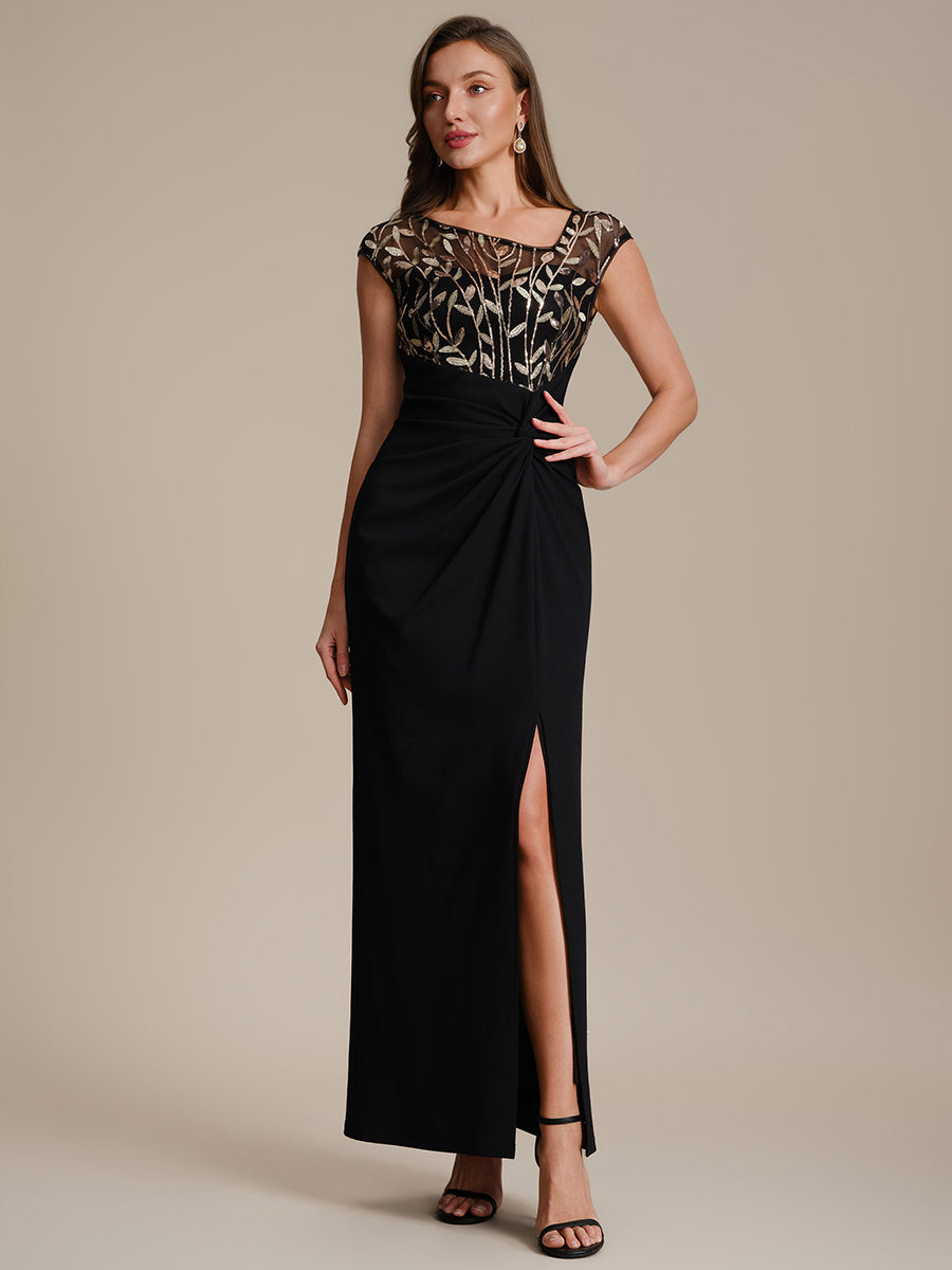 Color=Black Gold | Wholesale Pricing Short Sleeve Asymmetrical Sequin Bodycon Floor Length Wedding Guest Dresses-Black Gold 11