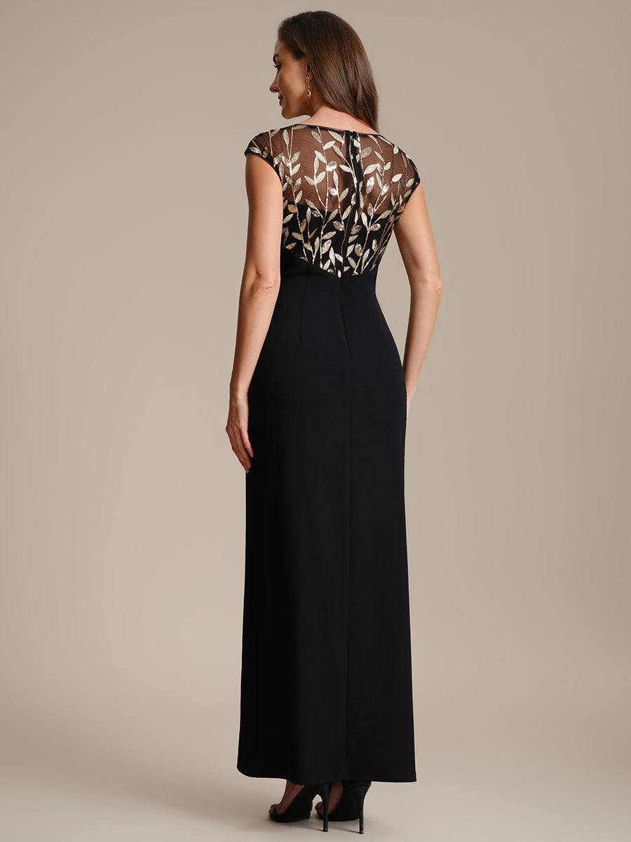 Color=Black Gold | Wholesale Pricing Short Sleeve Asymmetrical Sequin Bodycon Floor Length Wedding Guest Dresses-Black Gold 12