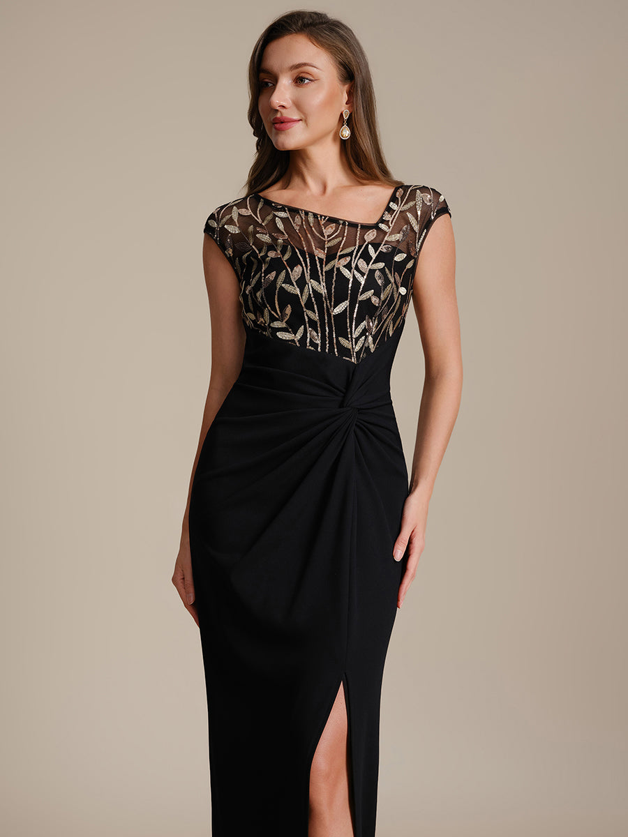 Color=Black Gold | Wholesale Pricing Short Sleeve Asymmetrical Sequin Bodycon Floor Length Wedding Guest Dresses-Black Gold 13