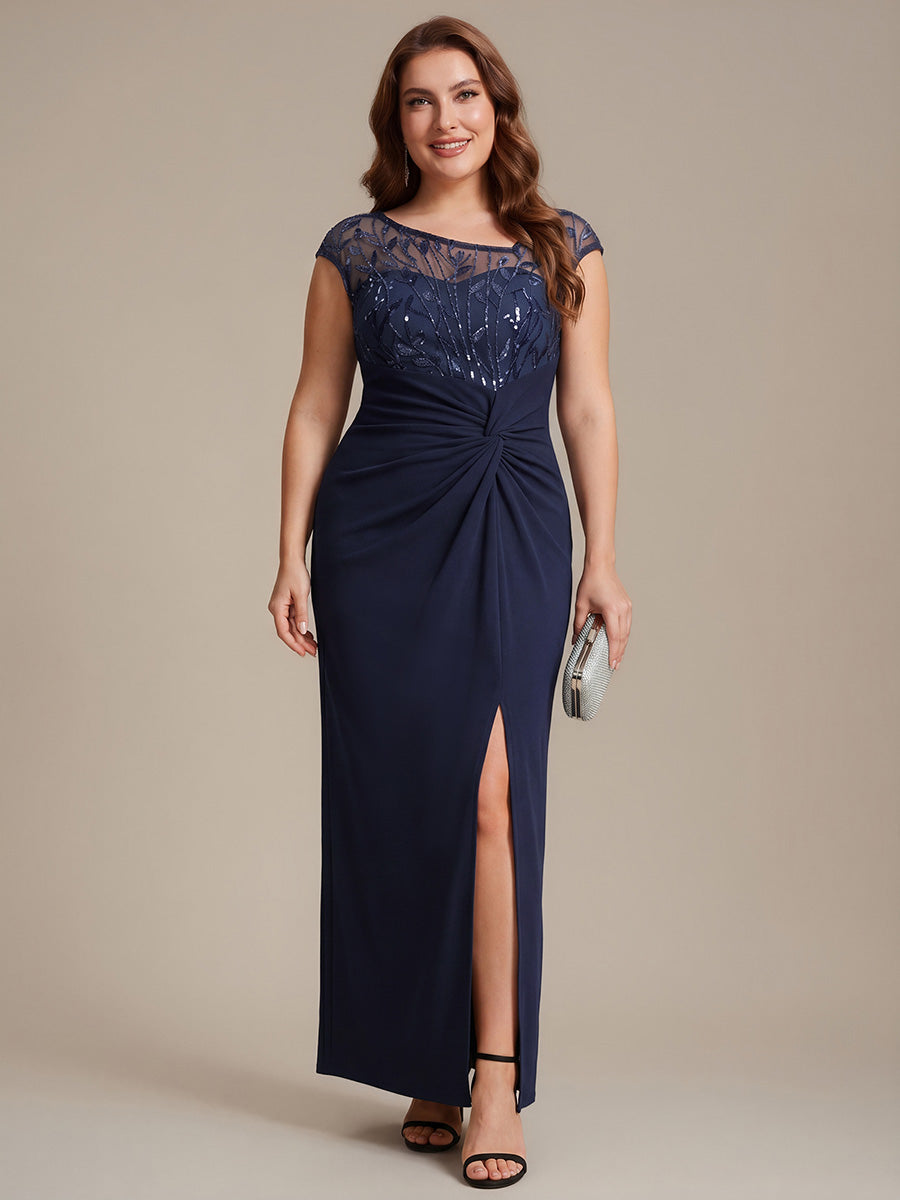 Color=Navy Blue | Wholesale Pricing Short Sleeve Asymmetrical Sequin Bodycon Floor Length Wedding Guest Dresses-Navy Blue 26