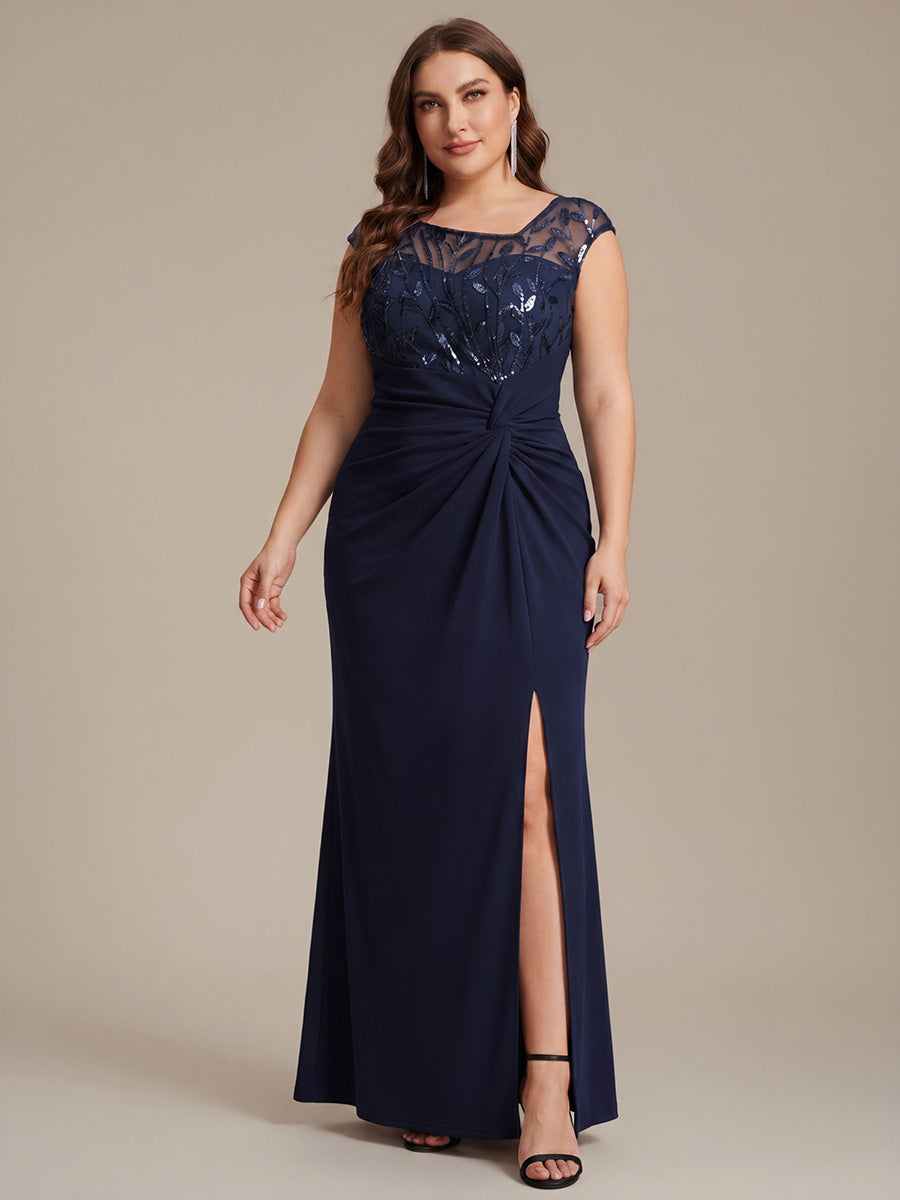 Color=Navy Blue | Wholesale Pricing Short Sleeve Asymmetrical Sequin Bodycon Floor Length Wedding Guest Dresses-Navy Blue 29
