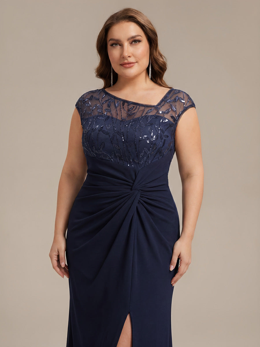 Color=Navy Blue | Wholesale Pricing Short Sleeve Asymmetrical Sequin Bodycon Floor Length Wedding Guest Dresses-Navy Blue 28