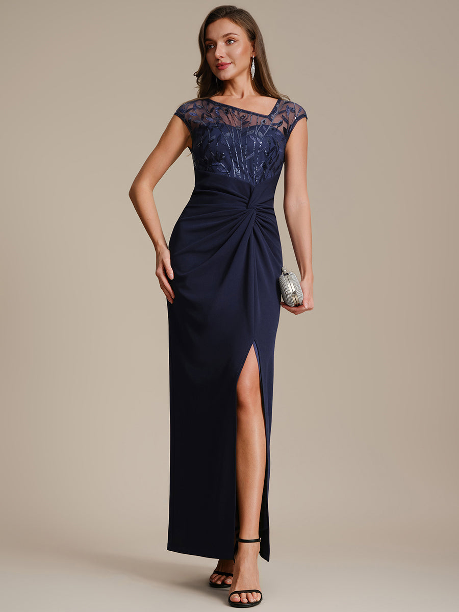 Color=Navy Blue | Wholesale Pricing Short Sleeve Asymmetrical Sequin Bodycon Floor Length Wedding Guest Dresses-Navy Blue 21