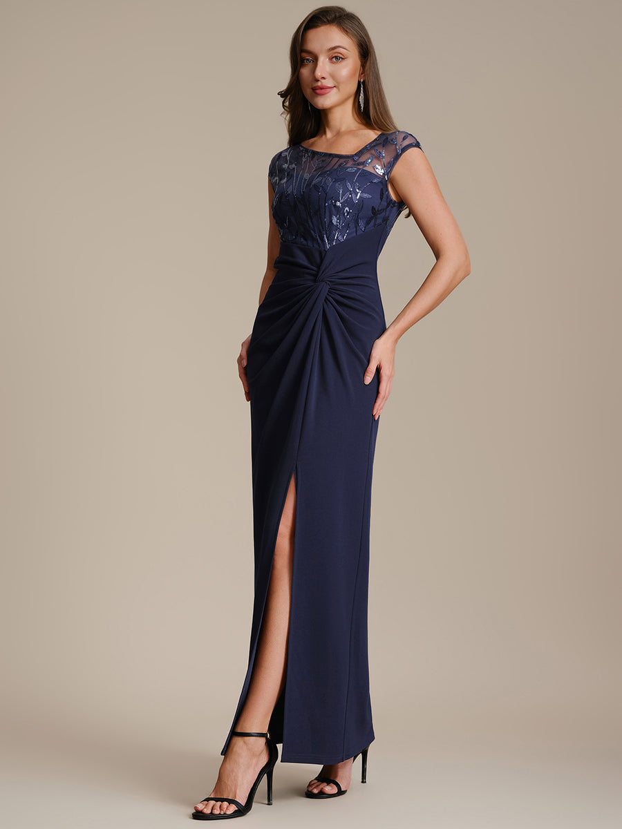 Color=Navy Blue | Wholesale Pricing Short Sleeve Asymmetrical Sequin Bodycon Floor Length Wedding Guest Dresses-Navy Blue 24