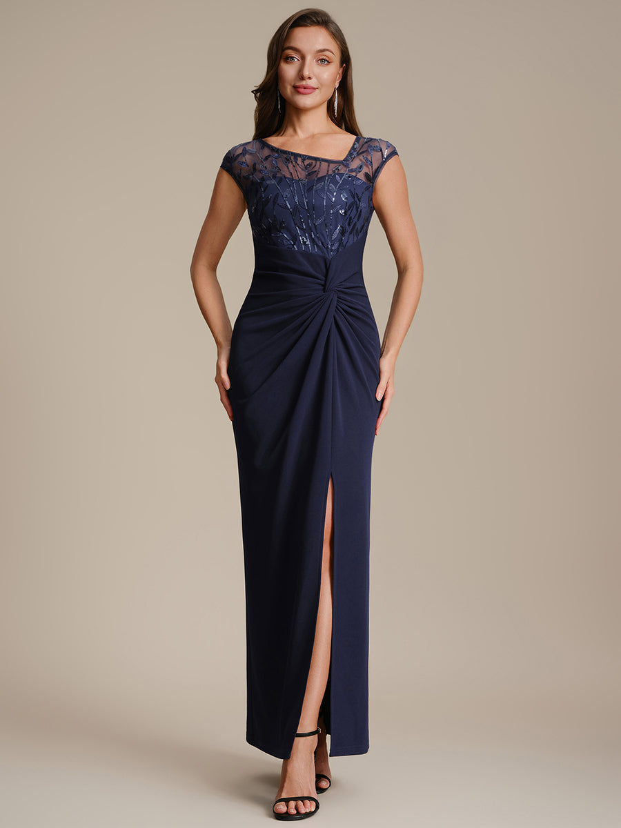 Color=Navy Blue | Wholesale Pricing Short Sleeve Asymmetrical Sequin Bodycon Floor Length Wedding Guest Dresses-Navy Blue 25