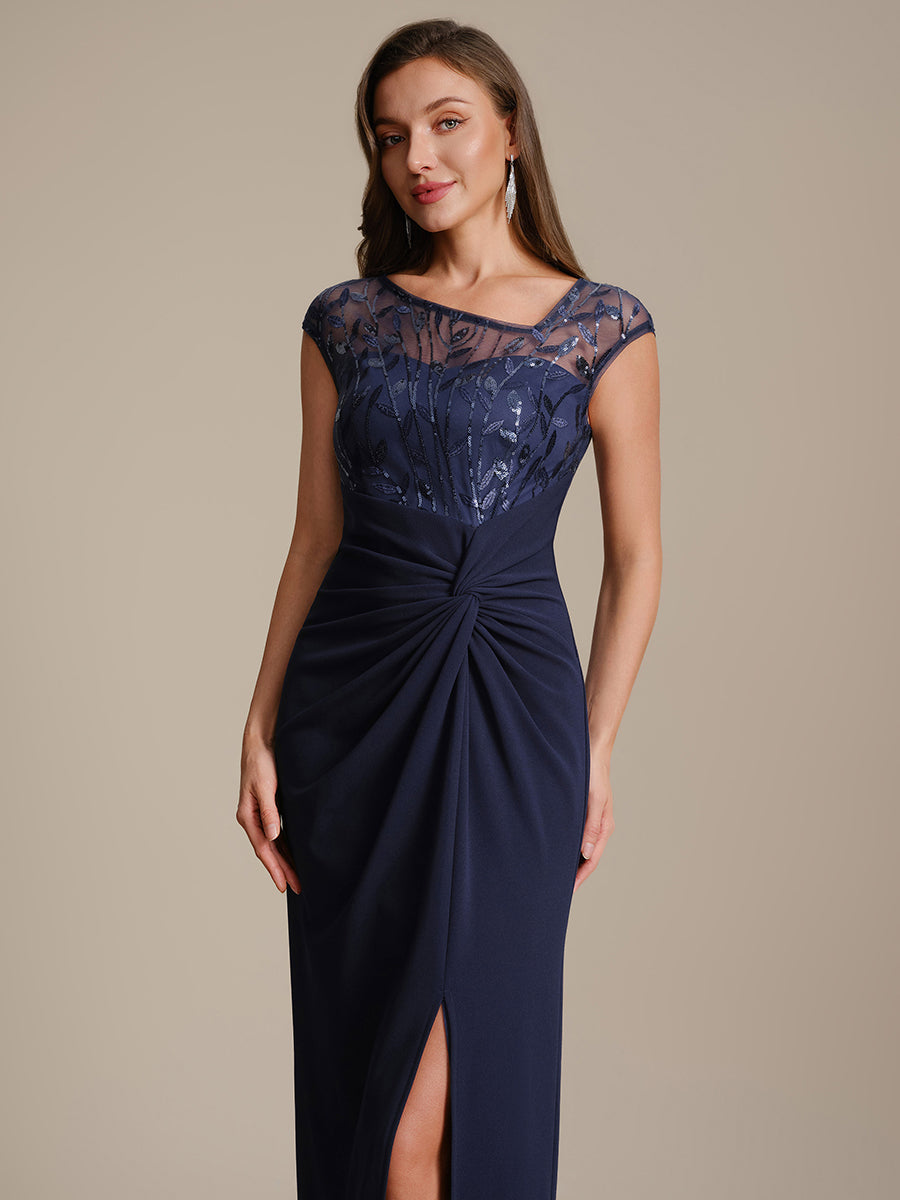 Color=Navy Blue | Wholesale Pricing Short Sleeve Asymmetrical Sequin Bodycon Floor Length Wedding Guest Dresses-Navy Blue 23