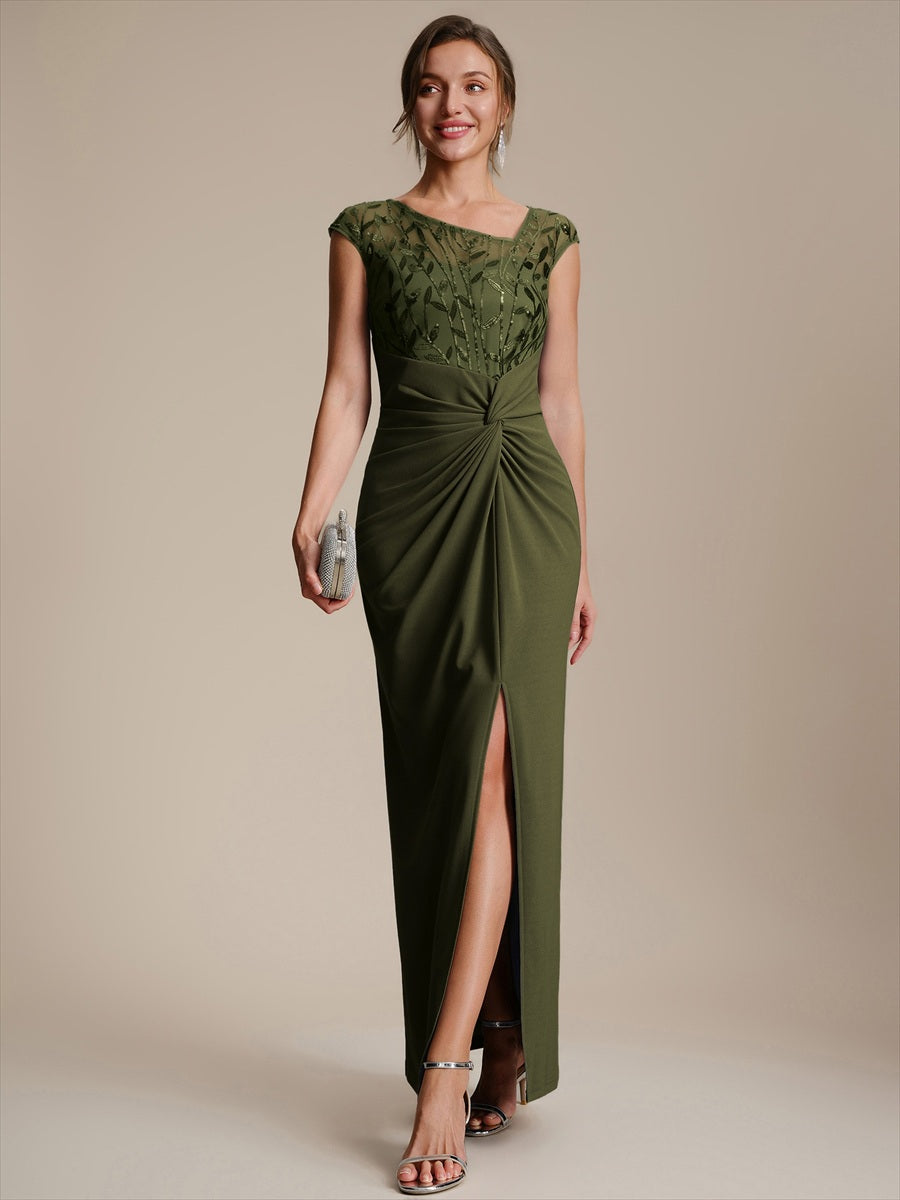 Color=Olive Green|Wholesale Pricing Cap Sleeves Asymmetrical Sequin Bodycon Maxi Length Wedding Guest Dresses-Olive Green