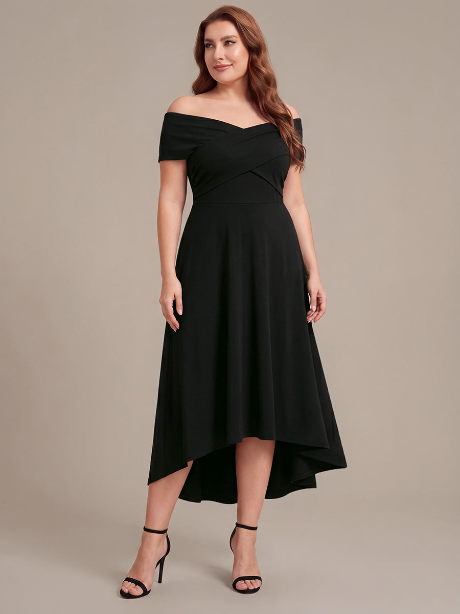Color=Black | Wholesale Pricing Off-the-Shoulder Sleeveless High Stretch A-Line V-Neck Wedding Guest Dresses-Black 6