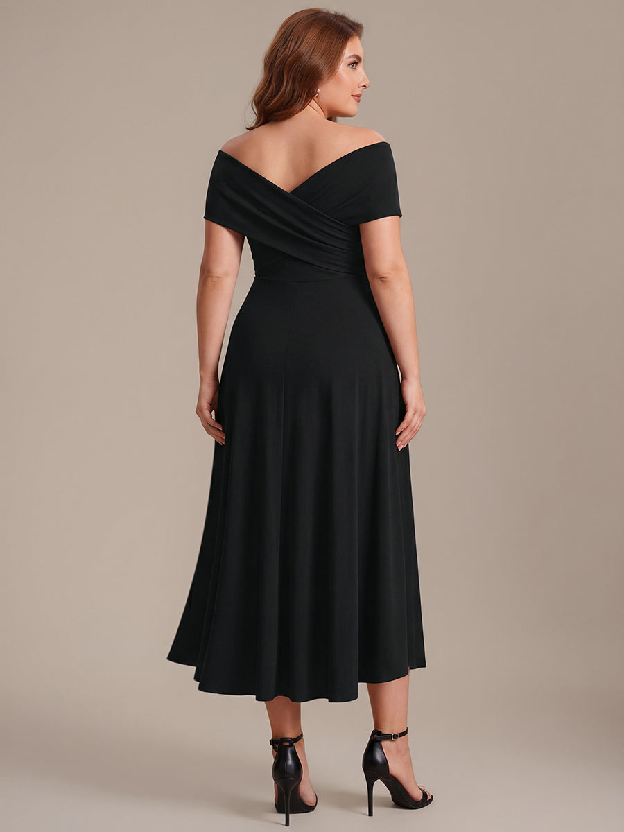Color=Black | Wholesale Pricing Off-the-Shoulder Sleeveless High Stretch A-Line V-Neck Wedding Guest Dresses-Black 7