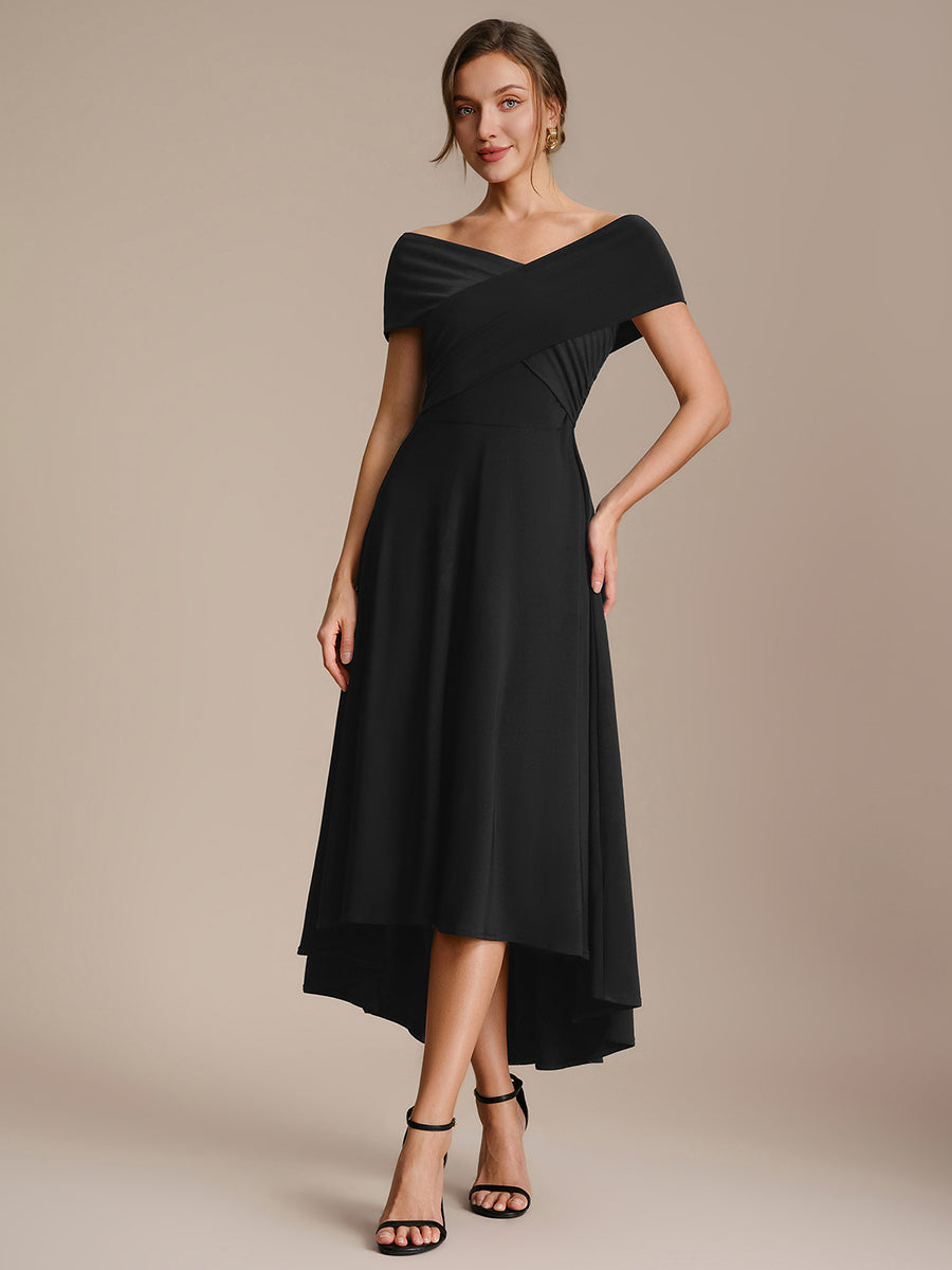Color=Black | Wholesale Pricing Off-the-Shoulder Sleeveless High Stretch A-Line V-Neck Wedding Guest Dresses-Black 4