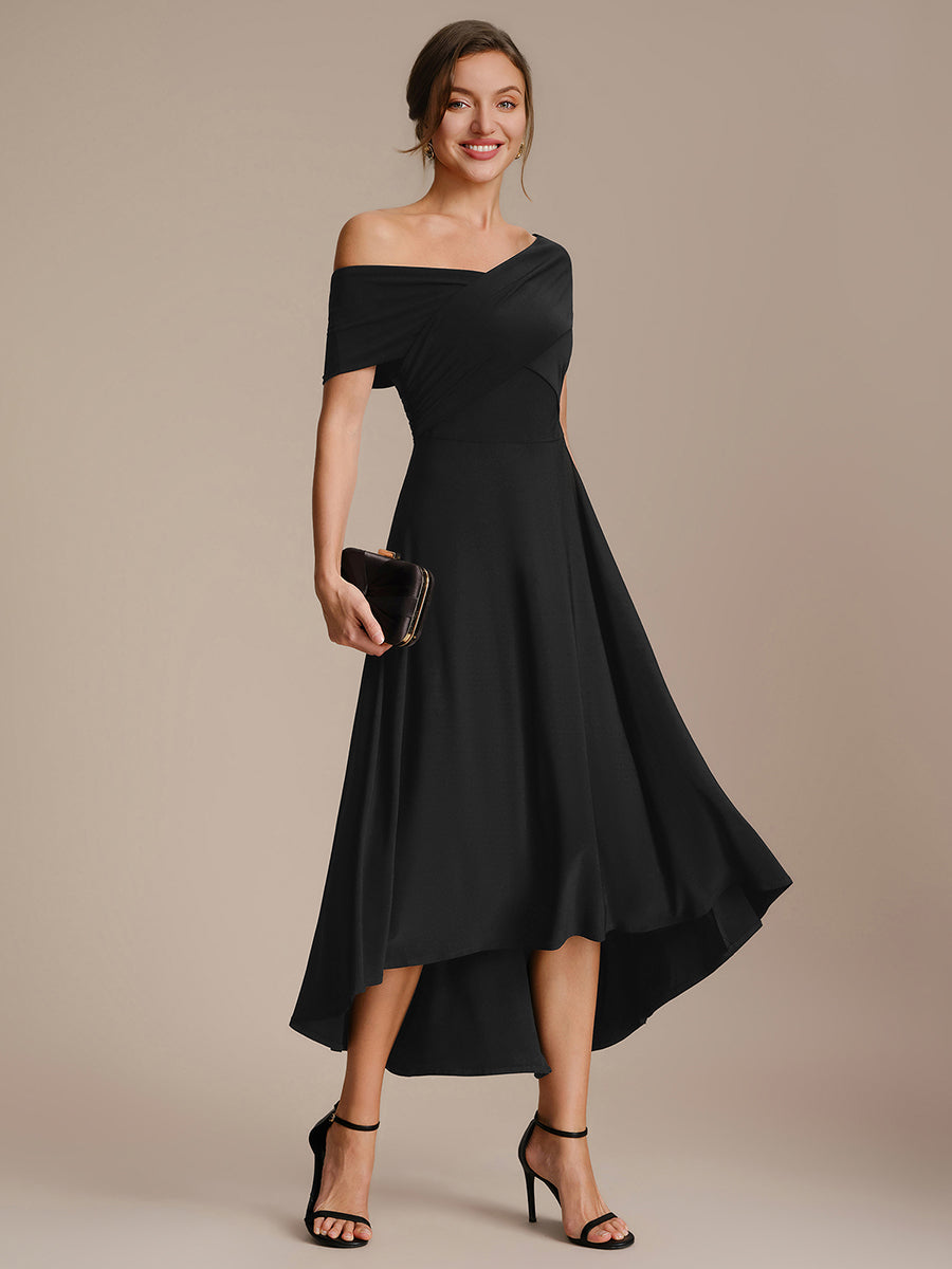 Color=Black | Wholesale Pricing Off-the-Shoulder Sleeveless High Stretch A-Line V-Neck Wedding Guest Dresses-Black 5